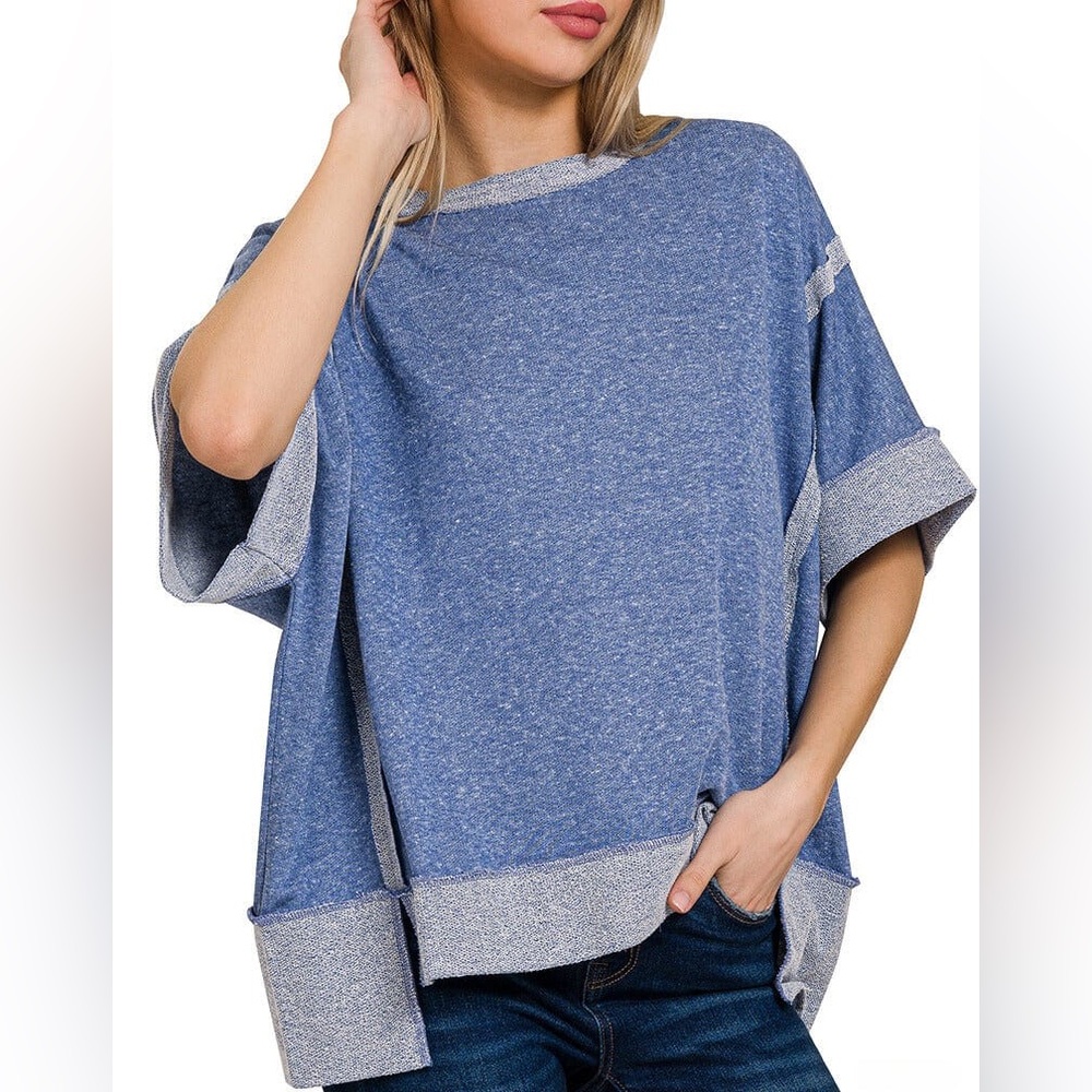 NEW! Zenana Contrast Trim Top-Stitching Drop Shoulder Light Navy Boutique Top S - Picture 3 of 4